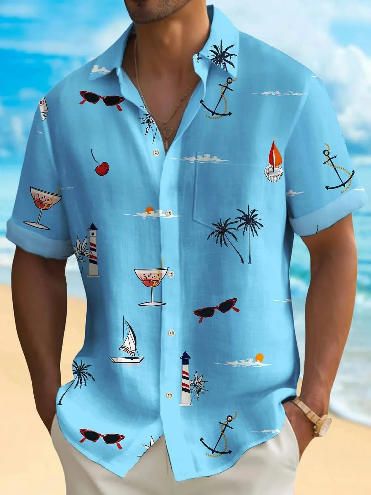 Man wearing a loose-fit short-sleeve Hawaiian shirt with a vibrant digital print pattern.
