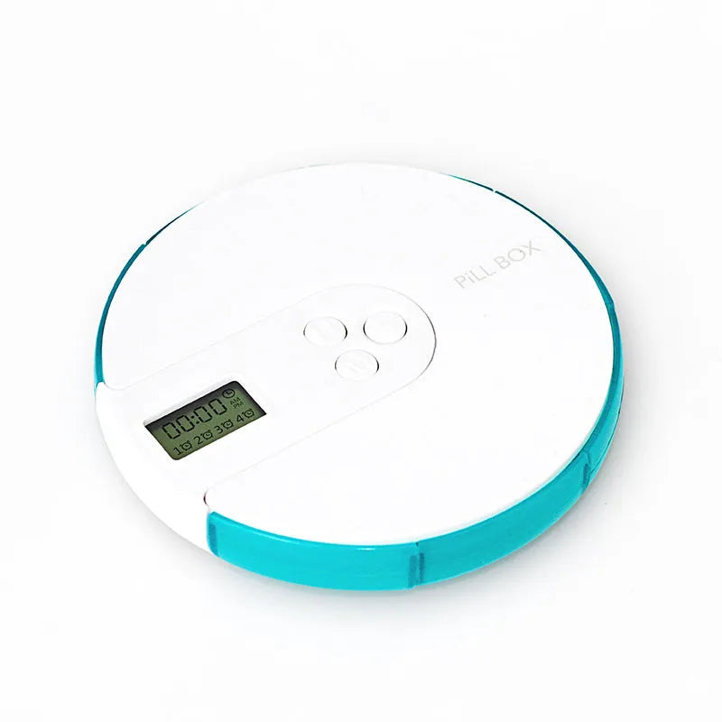 Blue 7-day pill organiser with digital alarm clock display and timer buttons