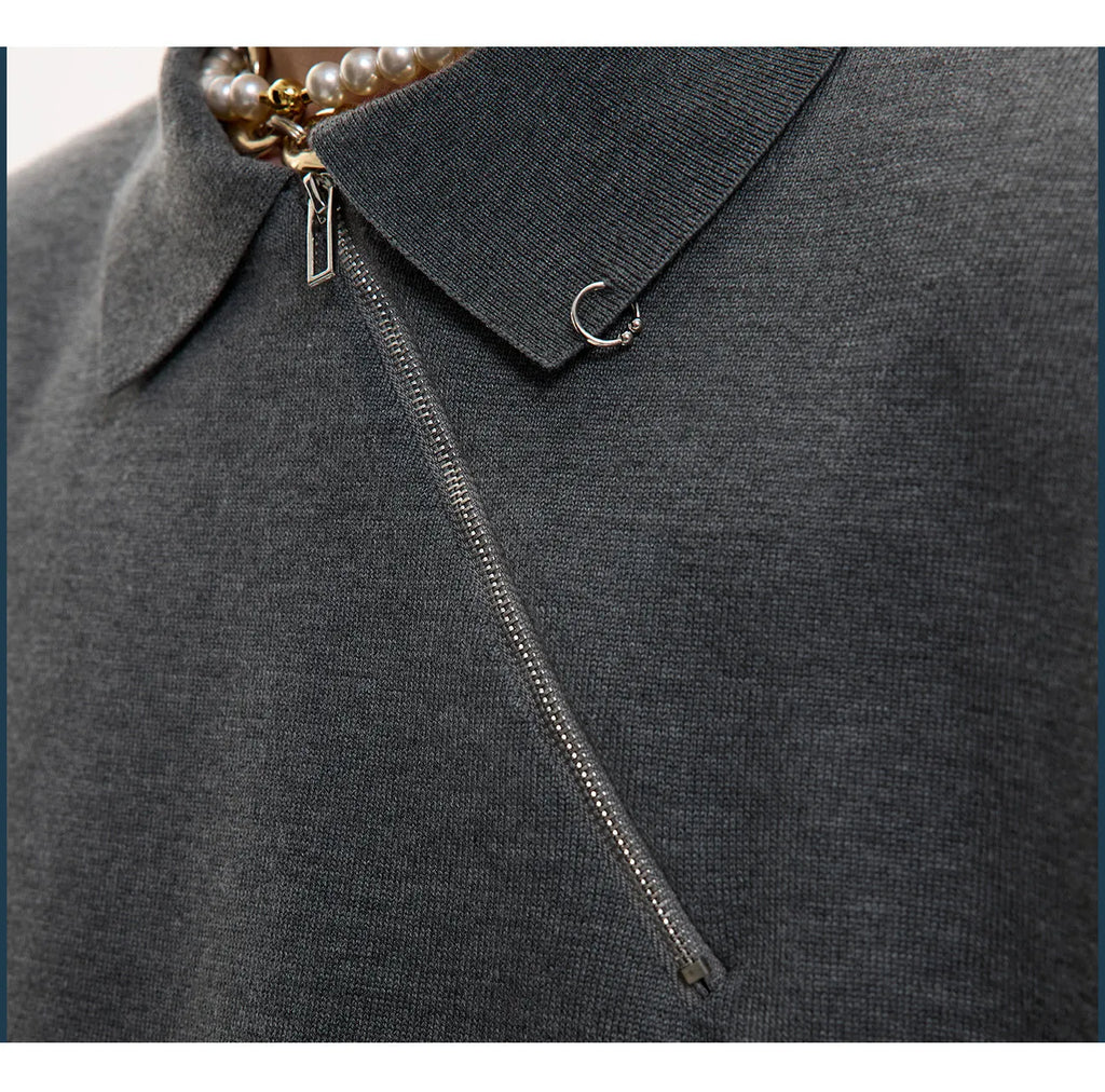 Men's slim-fit knitted polo shirt with oblique zipper lapel collar in black, grey or white