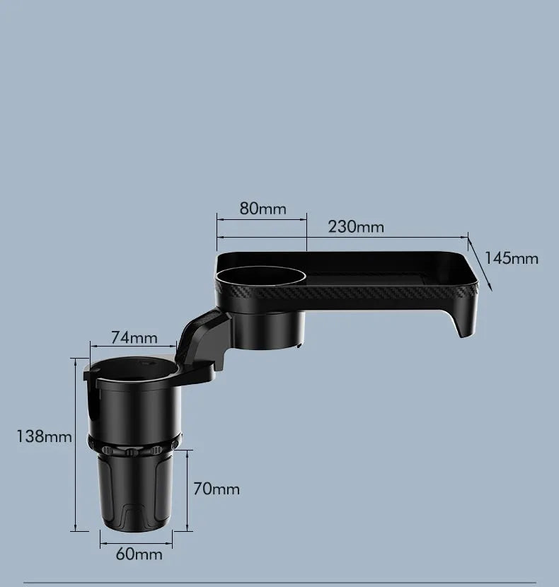 Black rotating car dinner tray holder mounted in a vehicle cup holder.