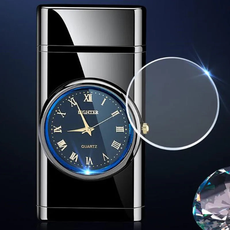Metal multifunctional electronic lighter with watch display, wind-resistant flame and LED lighting in various colour finishes
