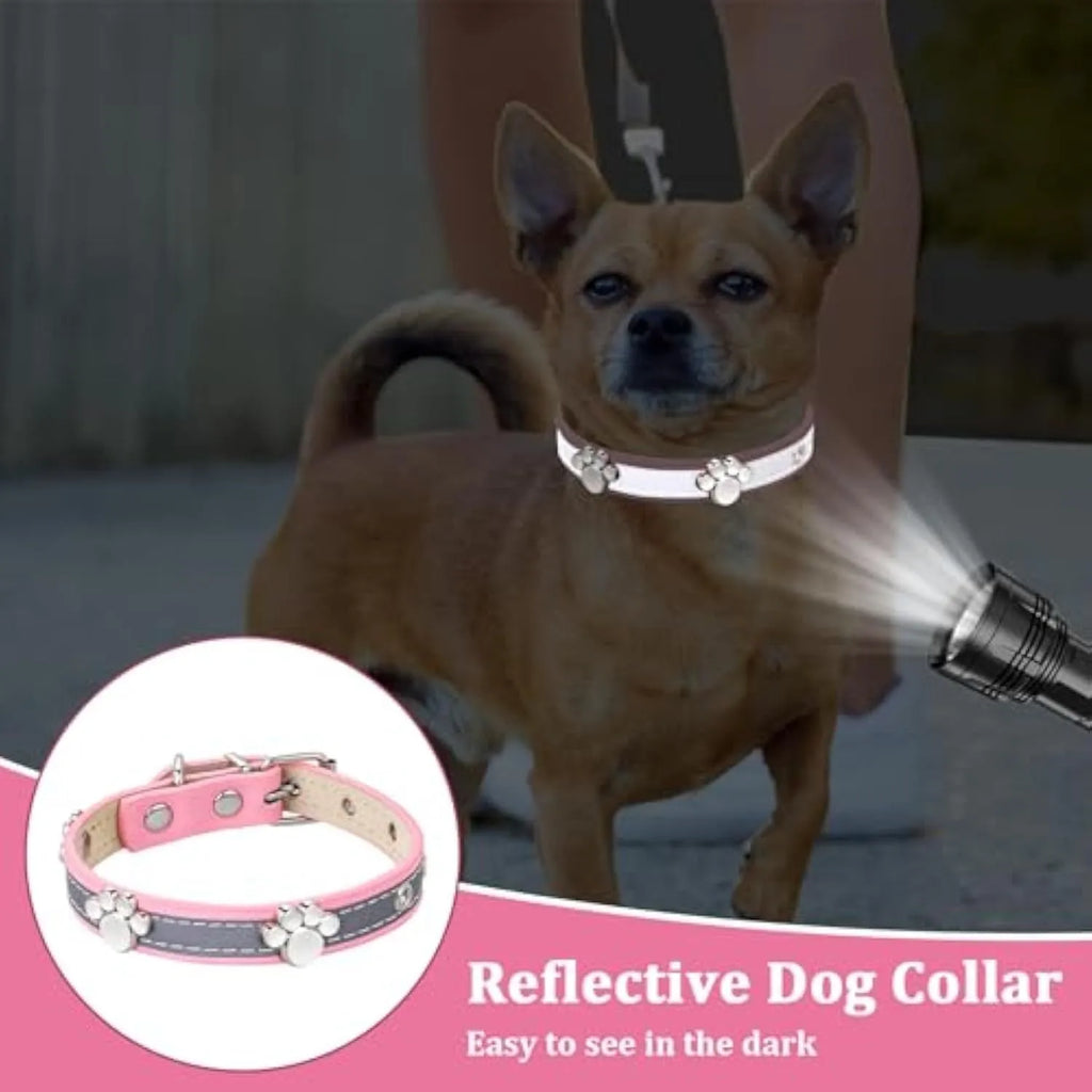 Reflective adjustable PU leather dog collar with metal buckle and paw rivet in multiple sizes.