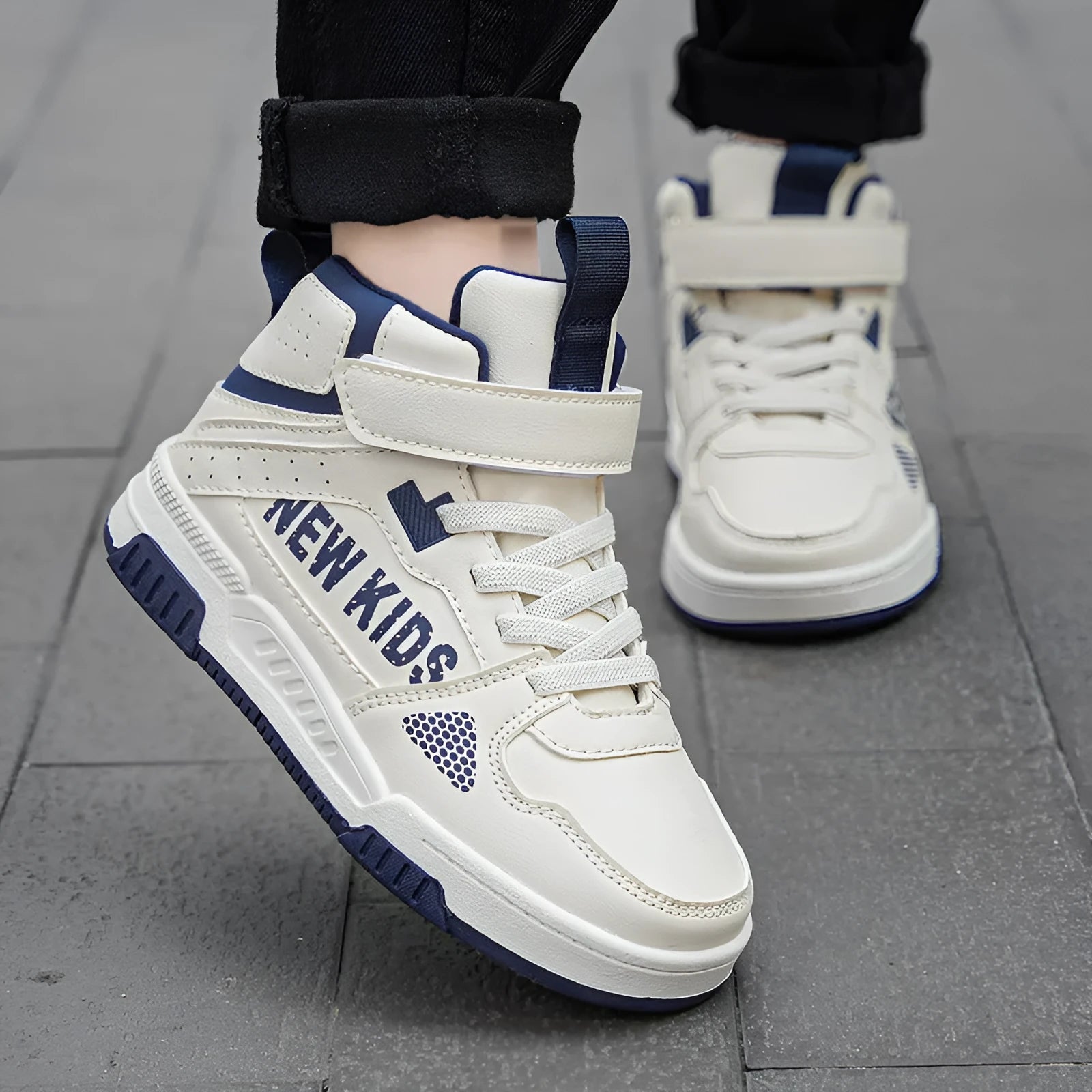 Children's street outdoor sneakers with buckle fastening and letter pattern in beige green, blue, white powder, and white & purple colours