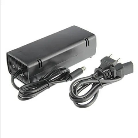 Black Microsoft Xbox 360 E AC power adapter with cable and plug.