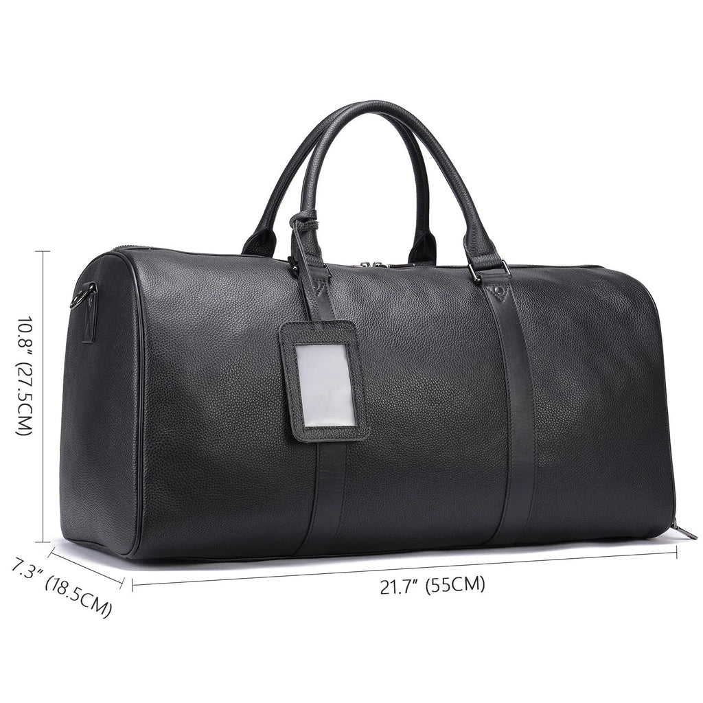 Men's black leather excursion tote bag with single shoulder strap shown alongside coffee brown version