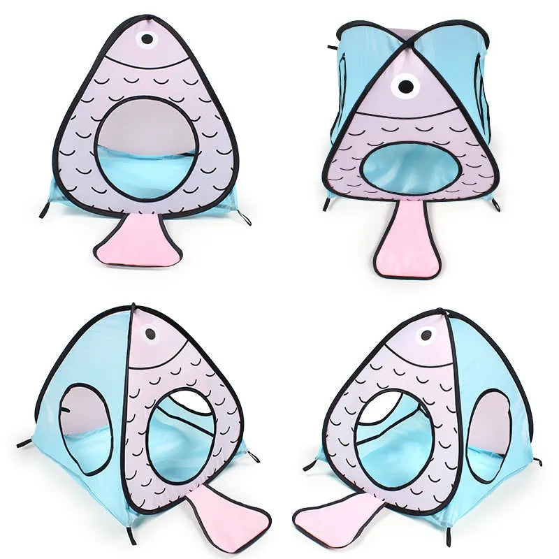 Foldable cat tent and tunnel toy set with cat and fish design in blue and orange colours