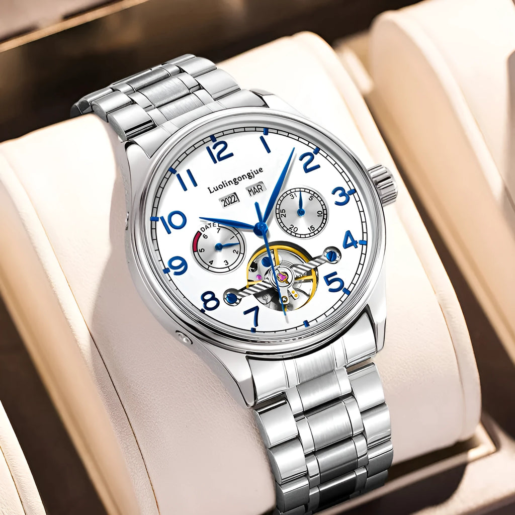 Men's stainless steel mechanical business watch with sapphire crystal and leather strap on wrist