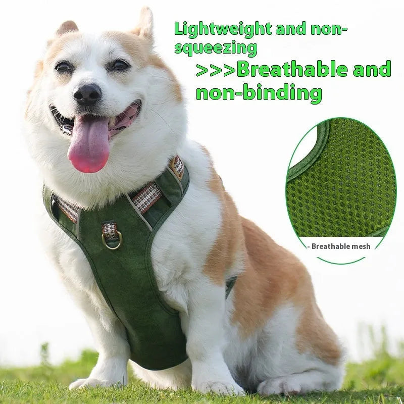 Brown leather dog harness with reflective stitching, adjustable straps, and chest attachment design