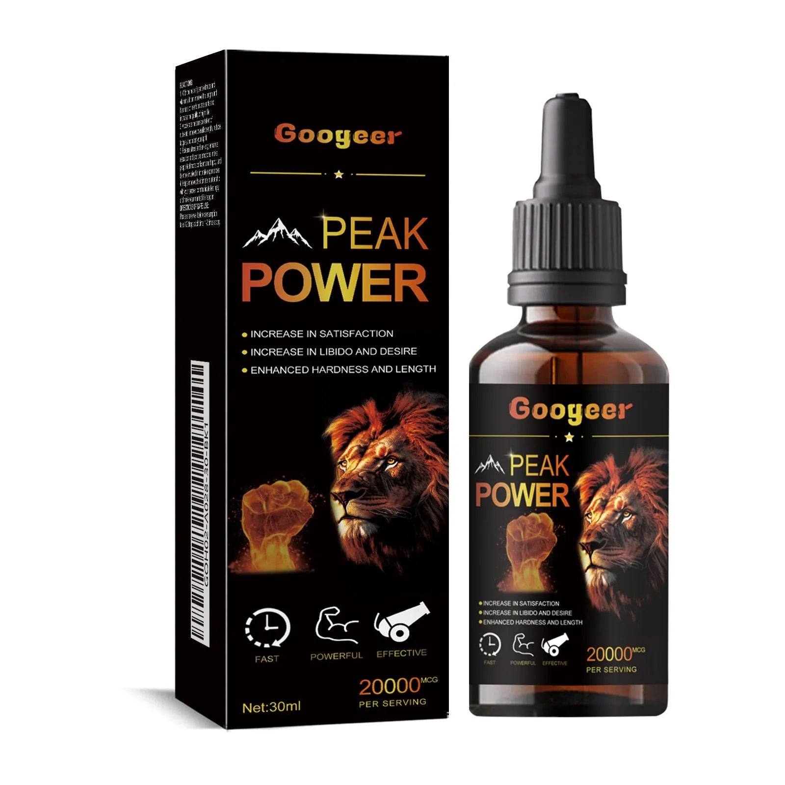Googeer Peak Power 30ml bottle of liquid energy supplement for adults.