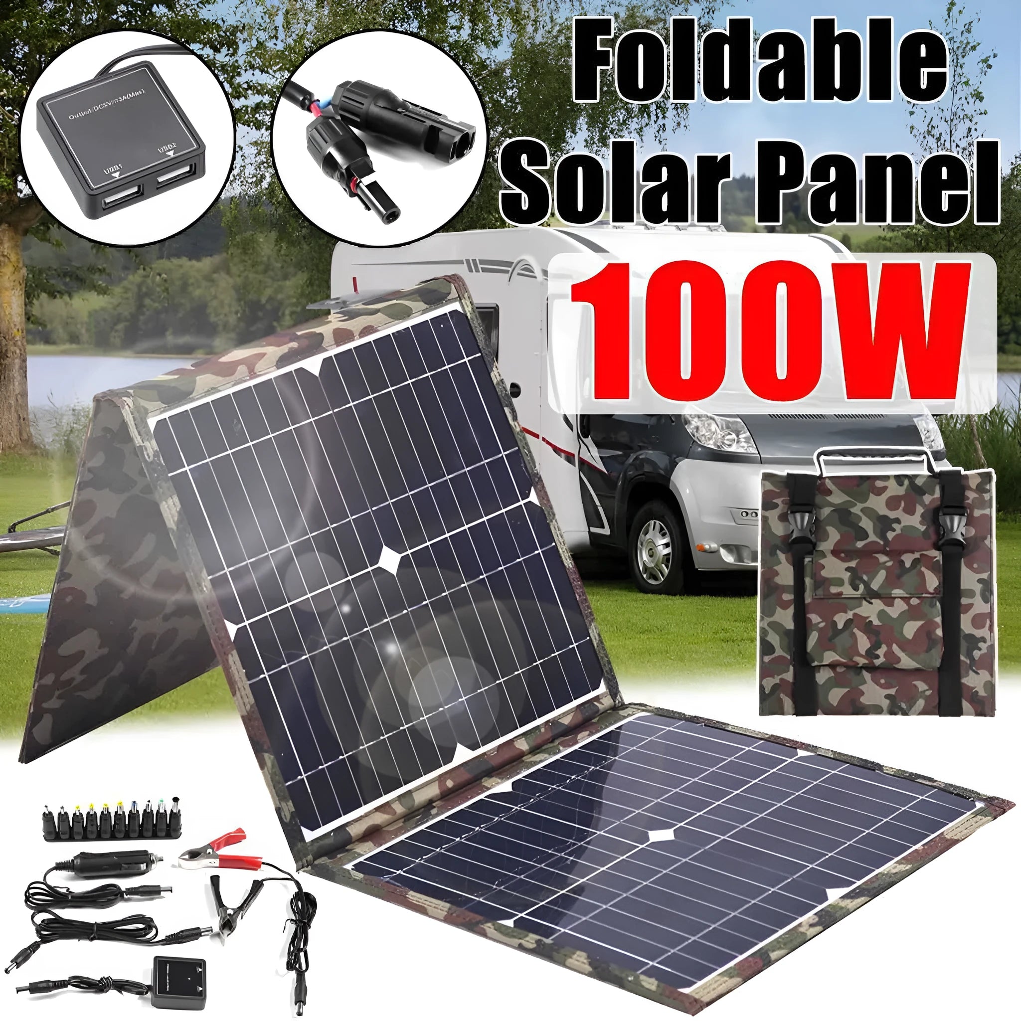 36W black foldable solar panel with monocrystalline cells and charging accessories