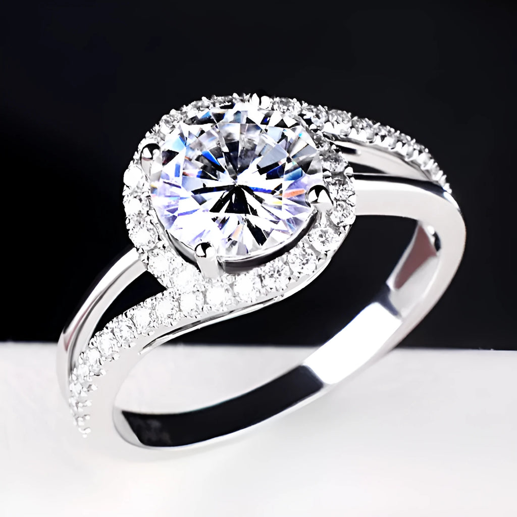 Diamond twist ring with small stones in white gold colour on copper base, adjustable opening
