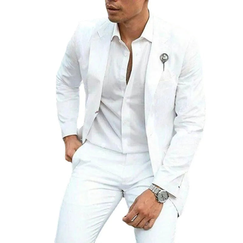 Men's white slim fit two-piece wedding suit with jacket and trousers for groomsmen
