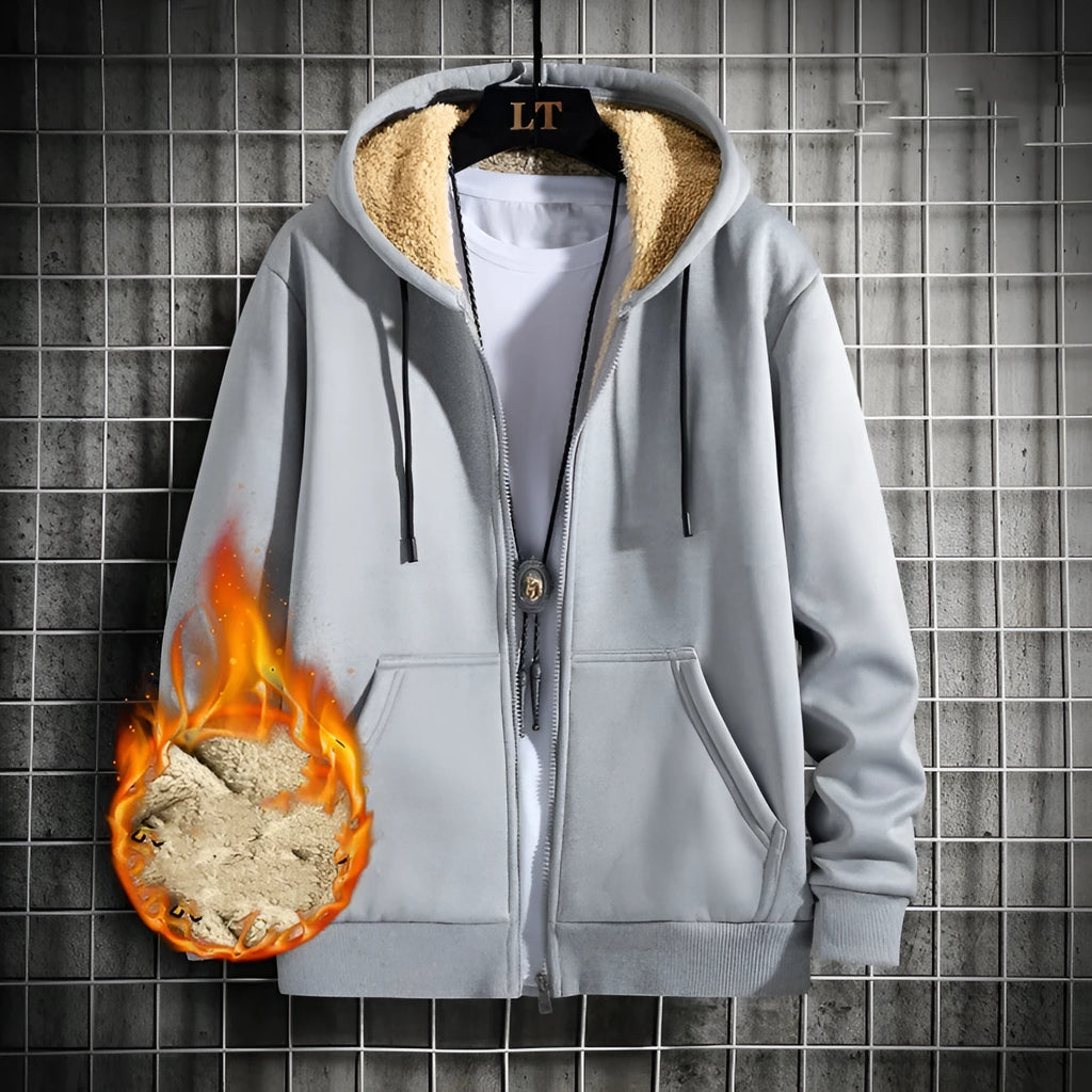 Men's loose fit hooded sweater in grey polyester blend, long sleeves, collarless, autumn winter casual wear