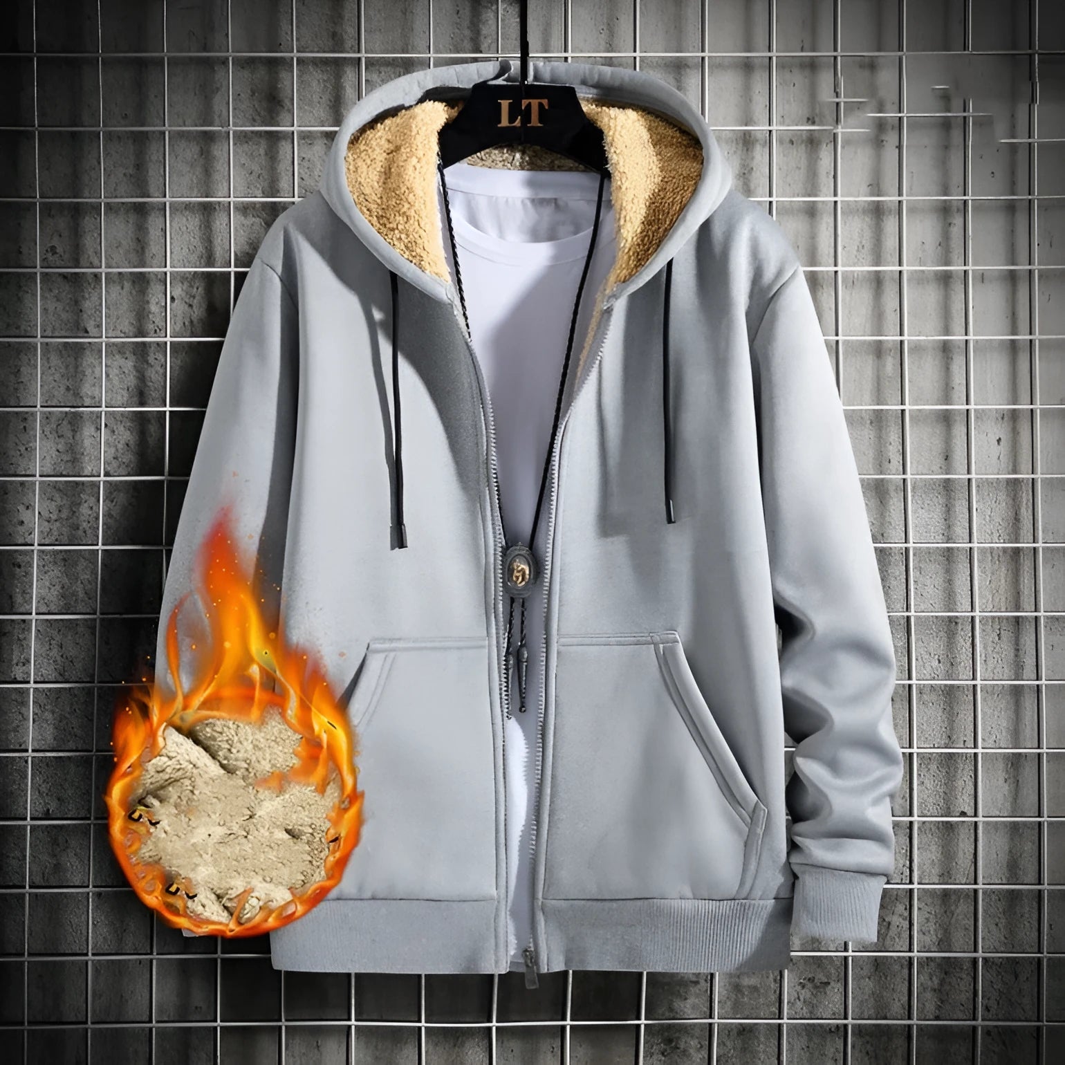 Men's loose fit hooded sweater in grey polyester blend, long sleeves, collarless, autumn winter casual wear