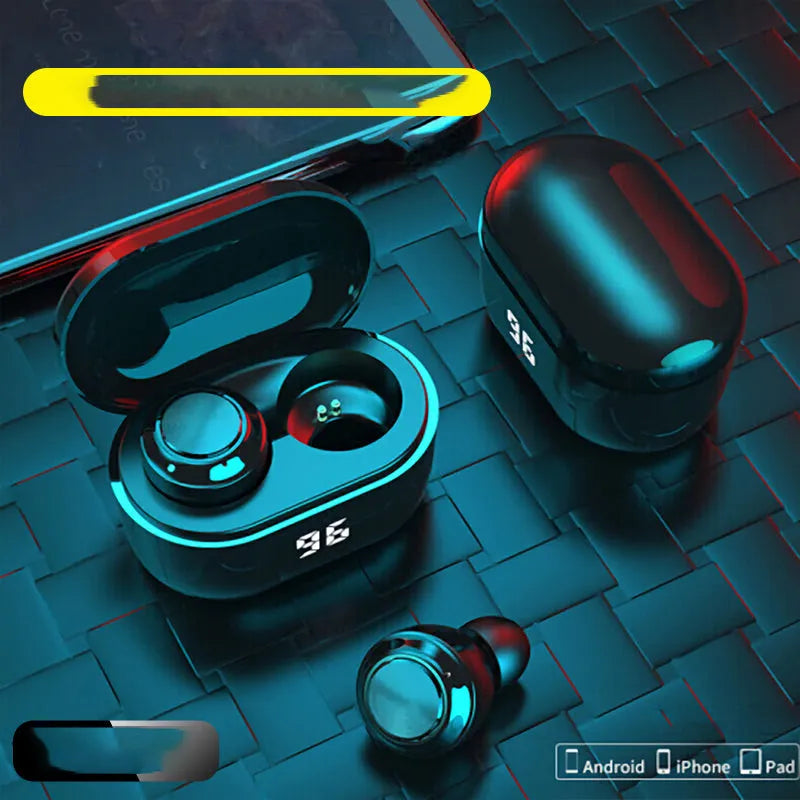 Black stereo Bluetooth headset showing earplug design.