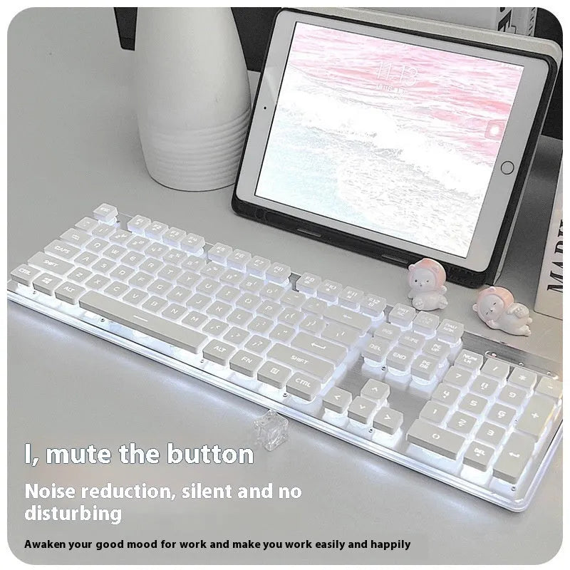Wired mechanical keyboard with quiet button switches and single-colour backlighting