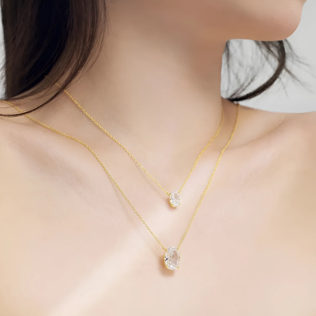 S925 sterling silver necklace with geometric oval ice flower pendant in gold or platinum finish
