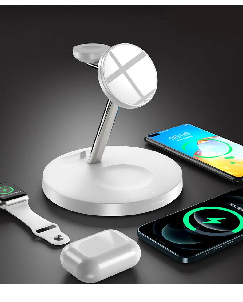 Magnetic three-in-one wireless fast charger in black with USB interface and data cable