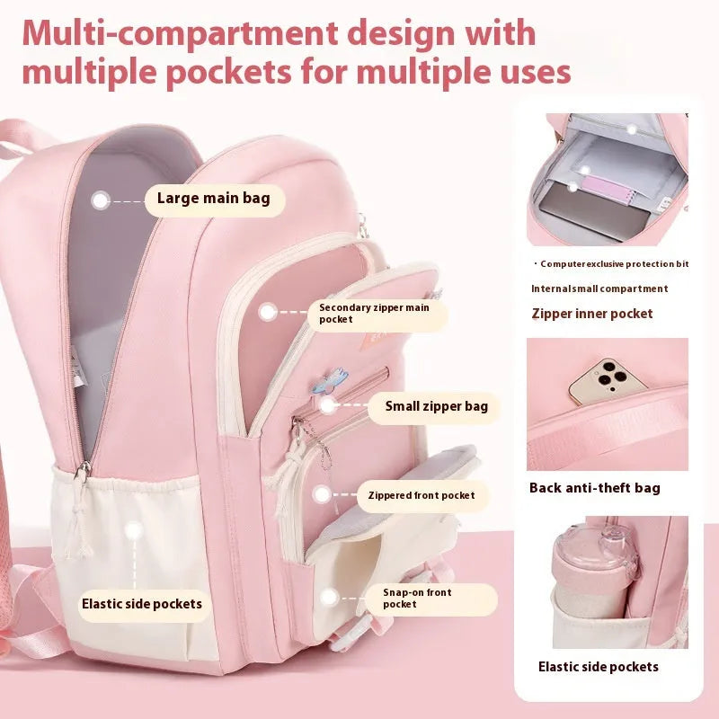 Pink waterproof Oxford cloth school backpack for girls with curved shoulder straps, shown with a matching pencil case.