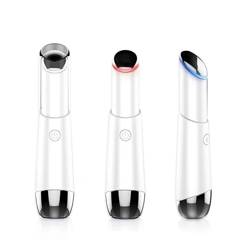 Mini electric eye massager pen in pink and white with vibration and heat for dark circles removal