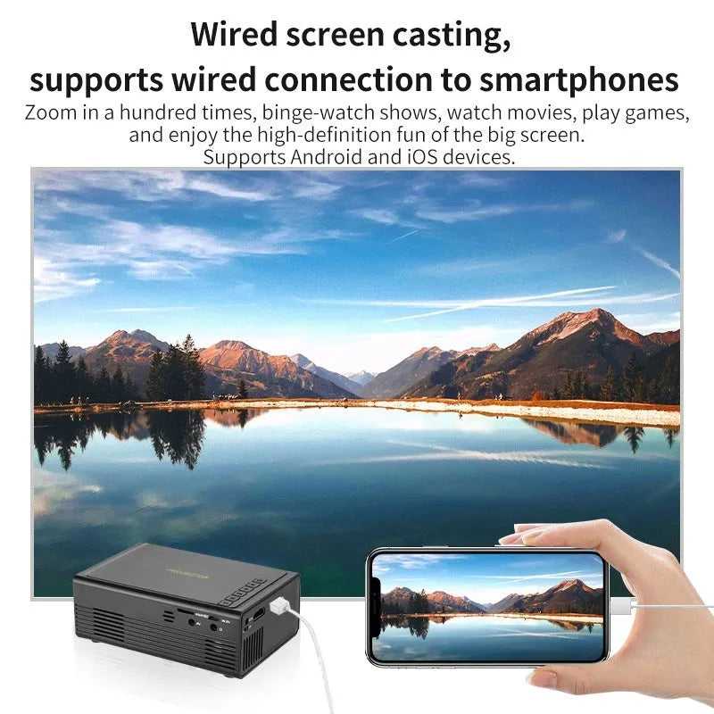 Portable mini projector in black or white colour with wired smartphone connection for screen mirroring
