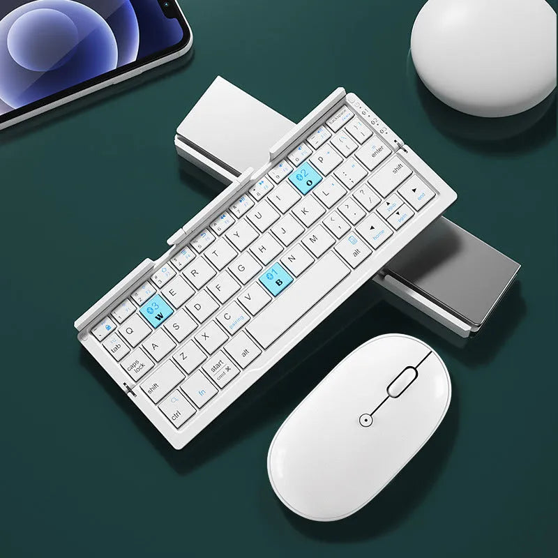 Aluminium foldable Bluetooth keyboard open with phone propped on stand and closed for pocket storage
