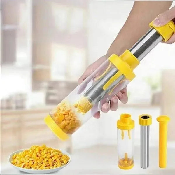Yellow cylindrical corn stripper kitchen tool with stainless steel blades for removing kernels