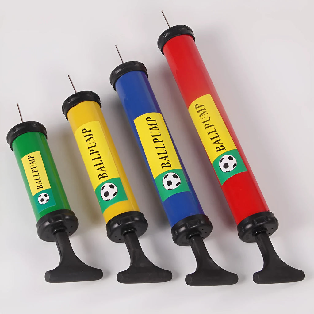 Manual plastic hand pump in mixed colours for inflating basketballs, volleyballs, and footballs.