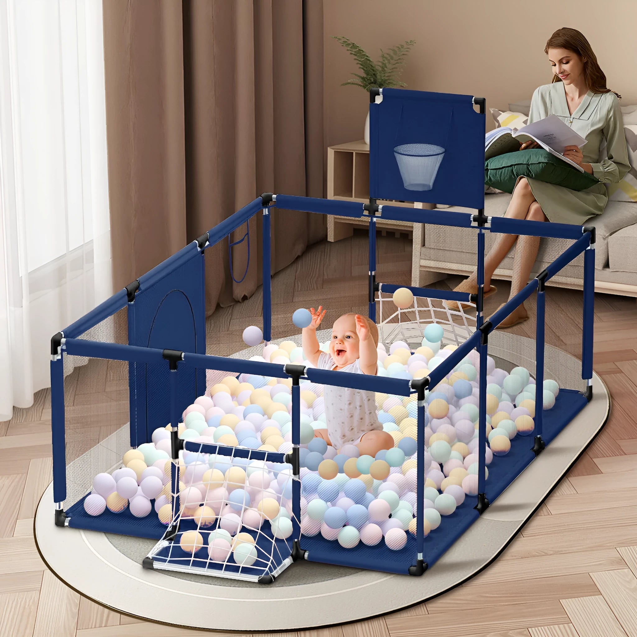 Large blue children's playpen tent with stainless steel frame and Oxford cloth walls set up indoors.