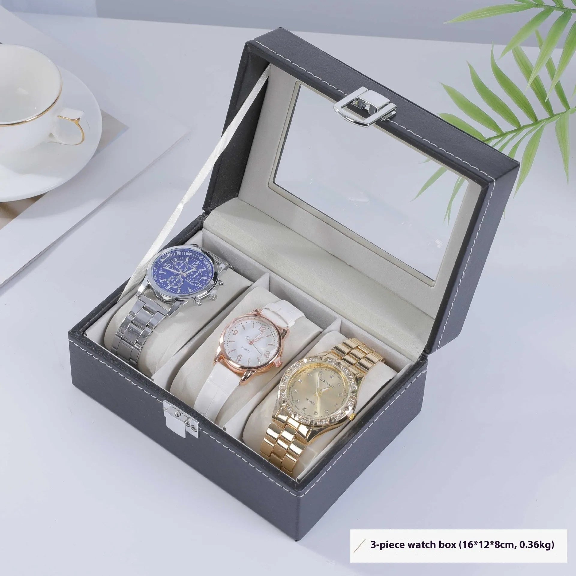 Grey high-grade leather watch storage box with a transparent dustproof lid showing multiple watch slots inside.