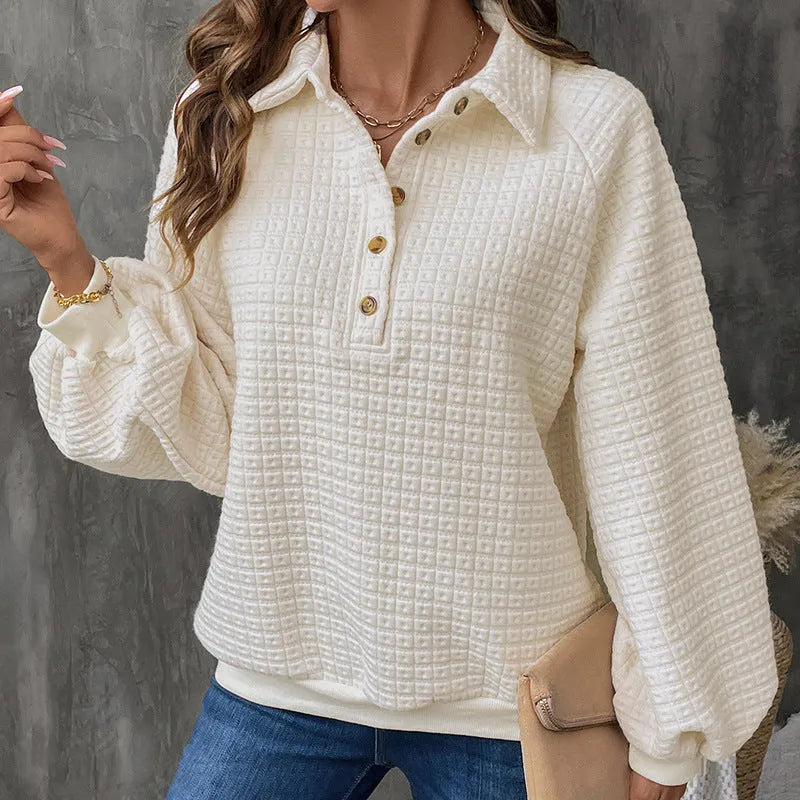 Women's textured polo collar thickened sweater in solid milky white colour