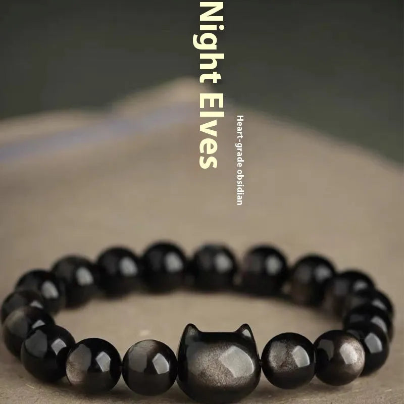 Obsidian cat head bracelet with round stone beads in gold or silver style