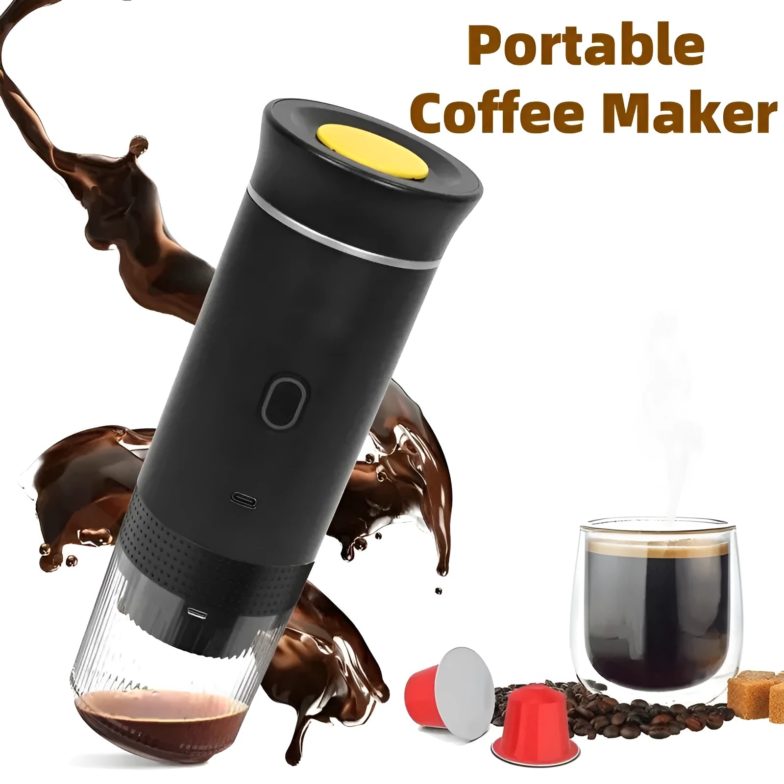 White portable espresso machine with grinder, showing capsule compartment and USB charging cable