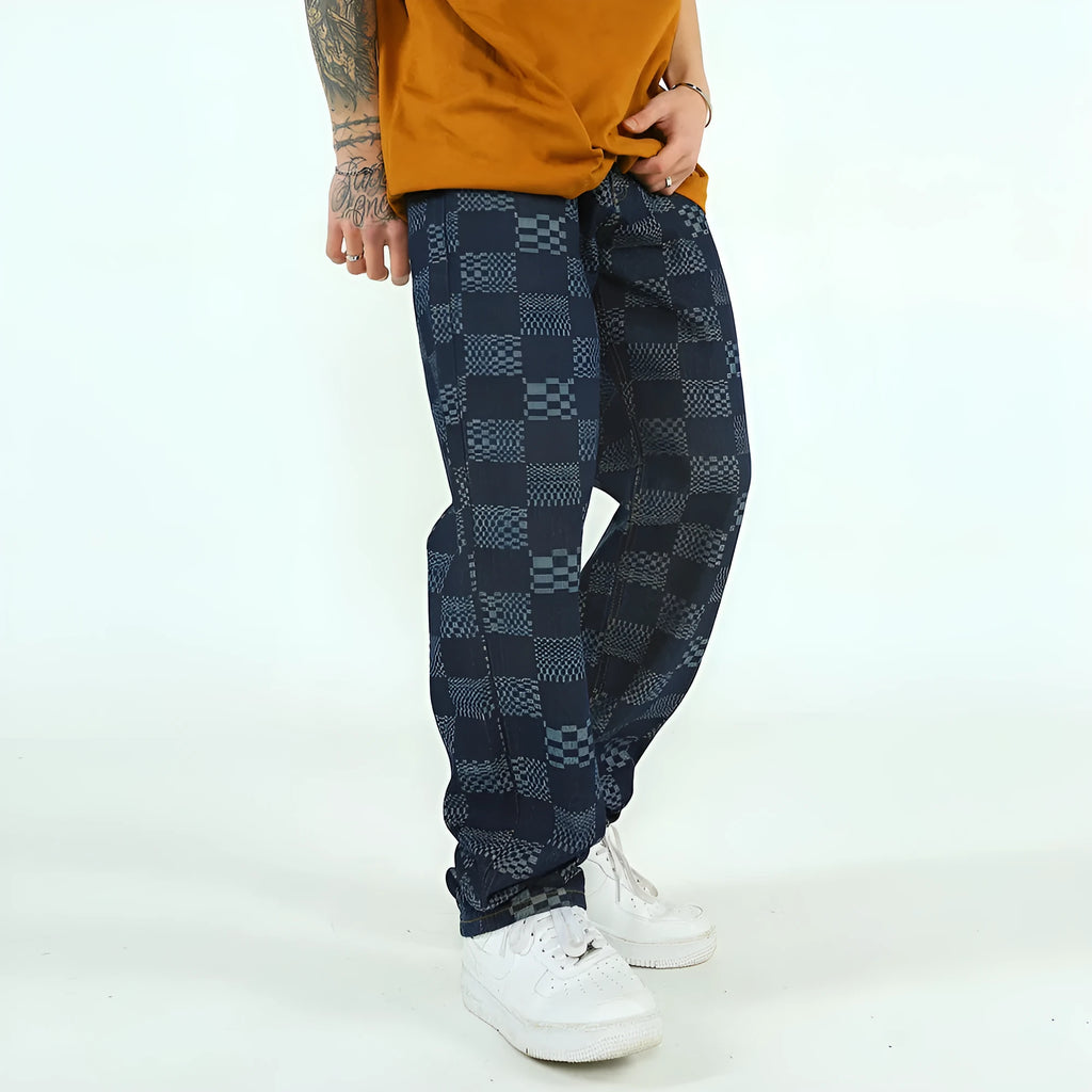 Men's black checkerboard jacquard straight loose fit cotton jeans