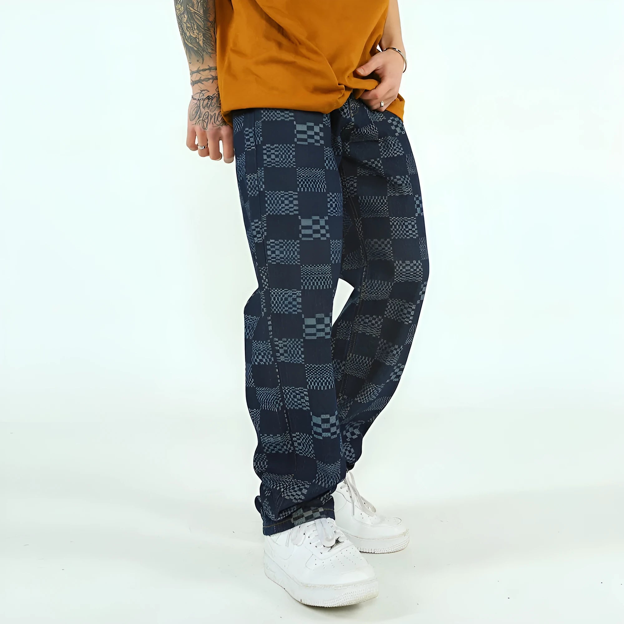 Men's black checkerboard jacquard straight loose fit cotton jeans