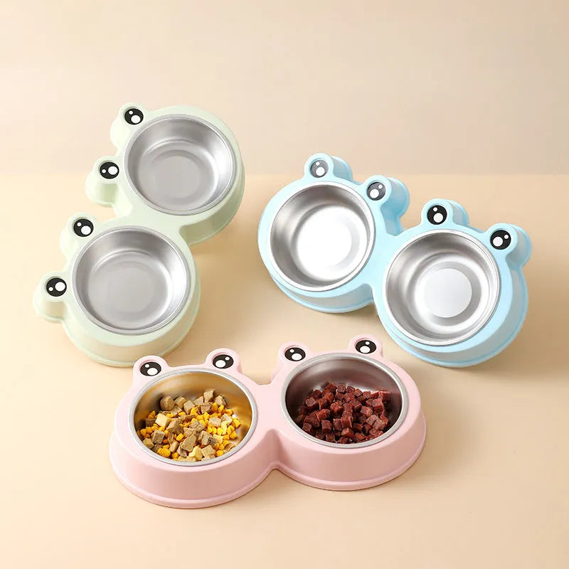 Stainless steel pet double bowl for cat and dog feeding in blue, green, and pink colours.