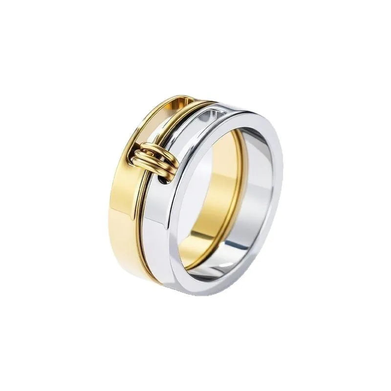 Gold electroplated double-layer twin ring on a finger, titanium steel construction, UK size options No 7 to No 9