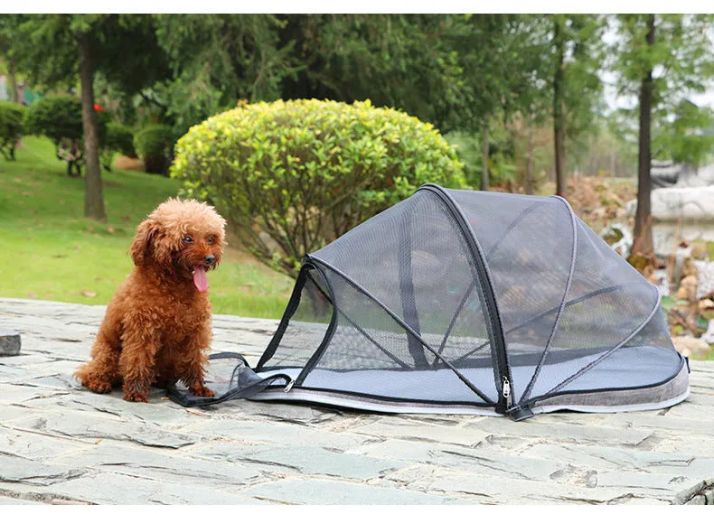 Portable folding cloth tent for cats with mesh side panels and a carry handle.