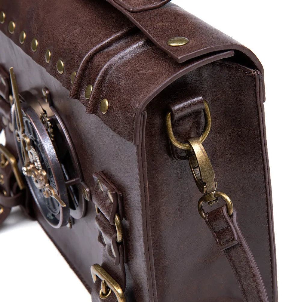 Bronze steampunk industrial retro style shoulder bag with metal hardware and pillow shape