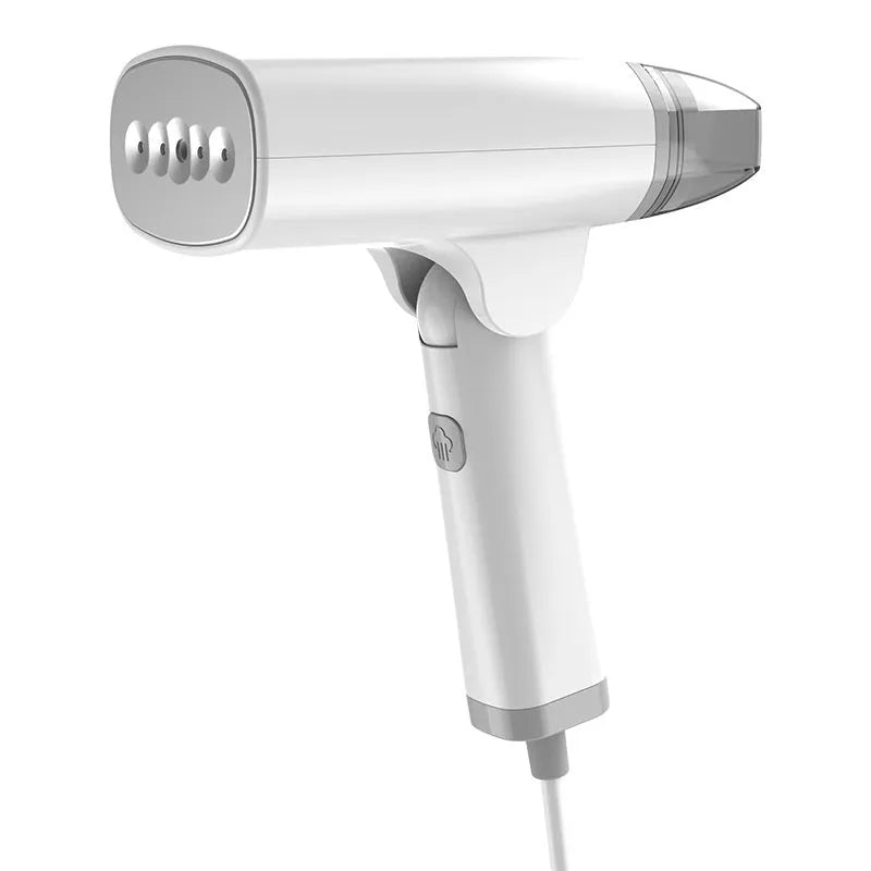 Blue and white handheld garment steamer with mechanical controls and 1300W power rating