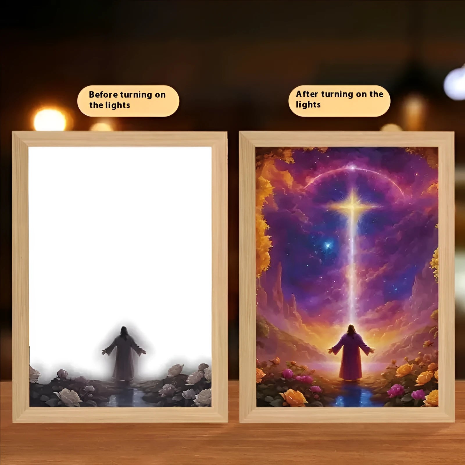Modern rectangle LED light painting frame with illuminated artwork on man-made board.