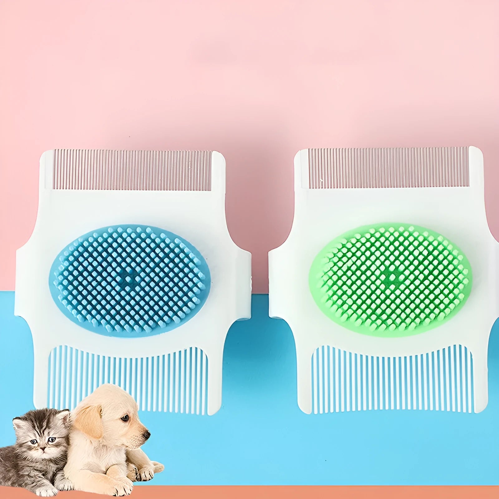 Blue and green 8.5cm dog grooming comb with floating hair removal and massage bristles