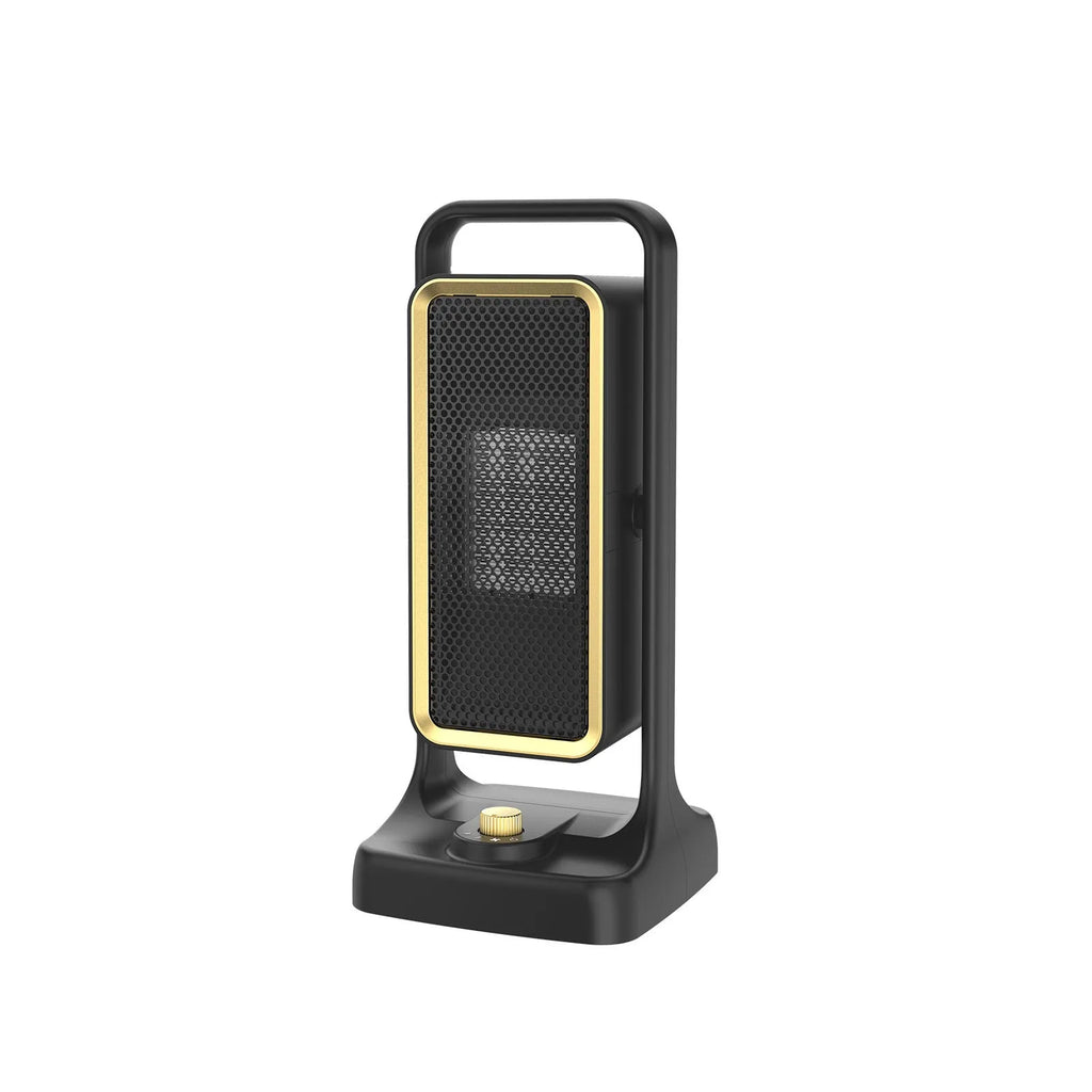 Black compact PTC ceramic desktop personal heater with control knob.