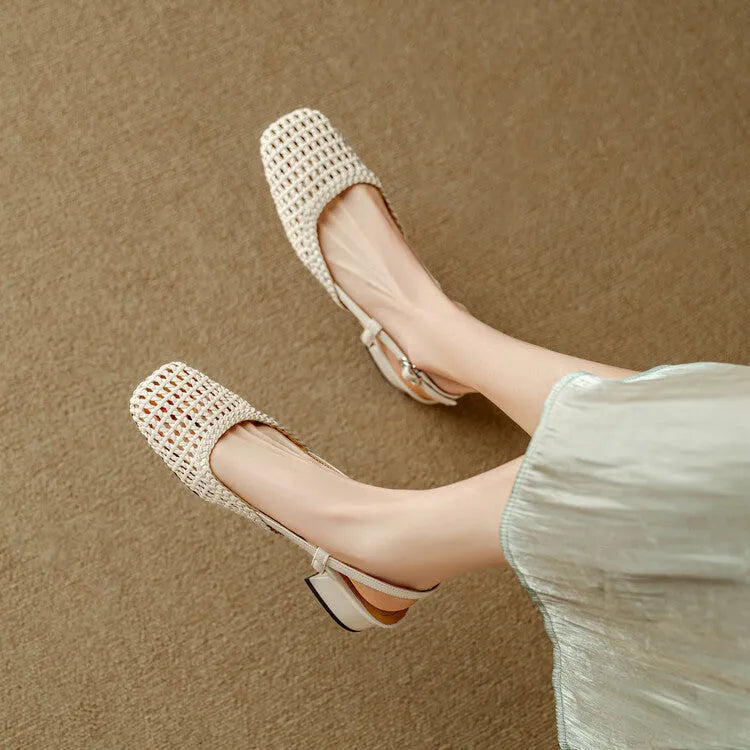 Women's beige woven hollow-out closed toe sandals with chunky 4cm heel and adjustable buckle strap