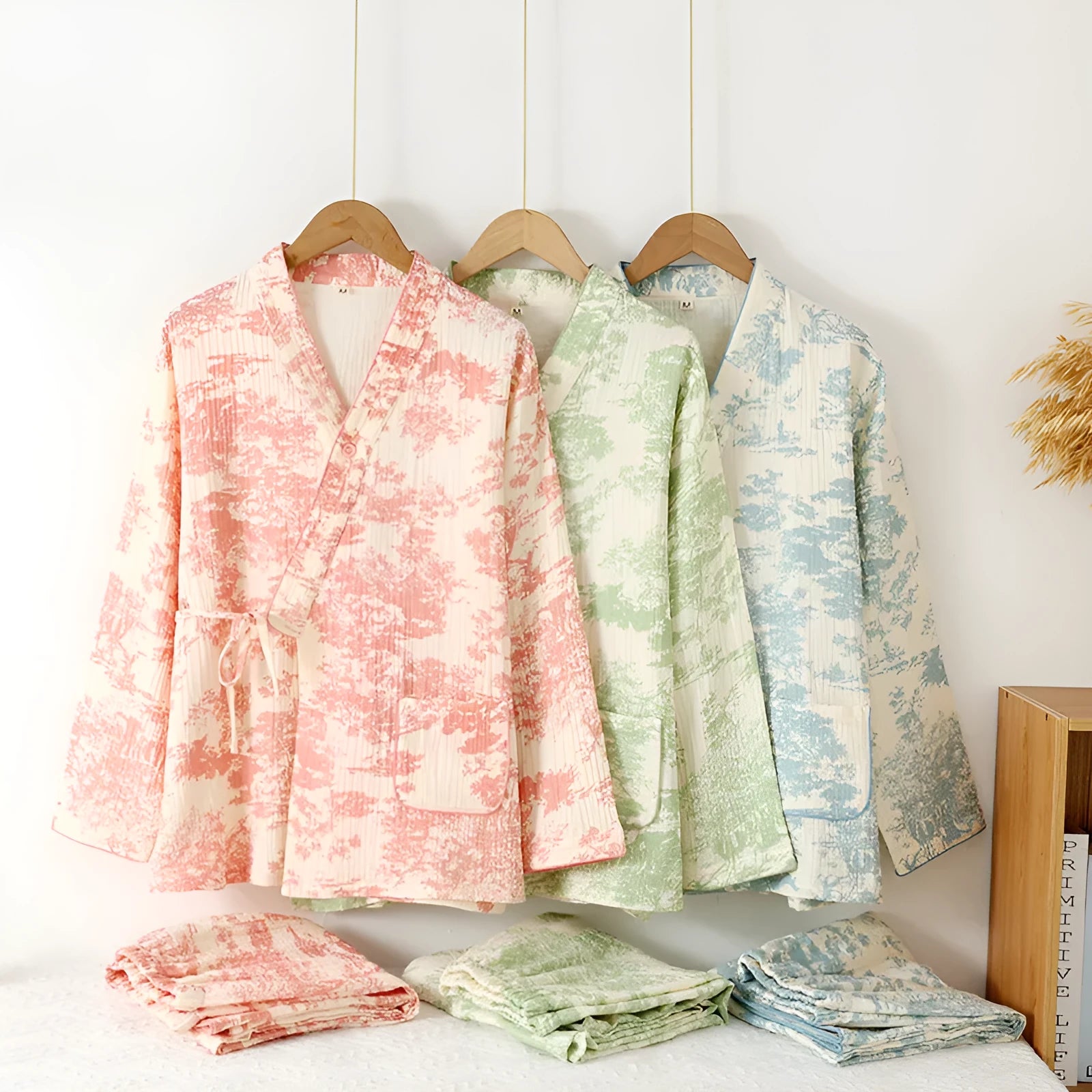 Women's pink cotton gauze lace-up trousers and long sleeve top homewear set