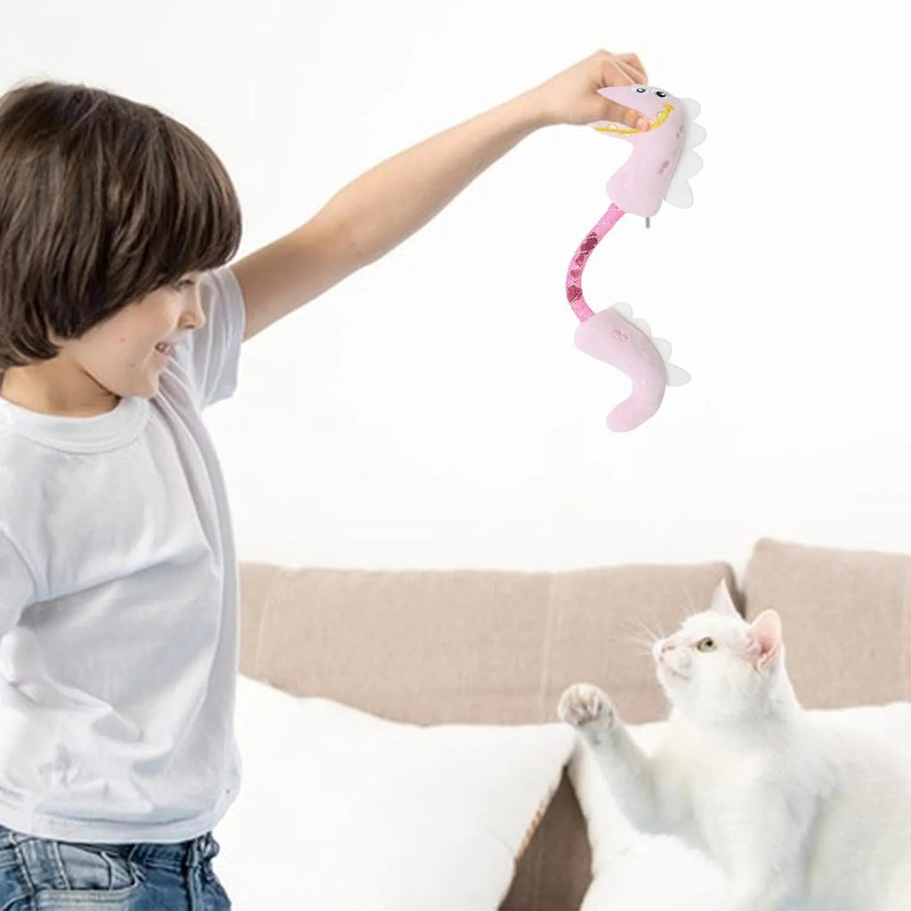Four interactive cat toys including catnip rope, springs, plush mouse, fish, and bunny on white background