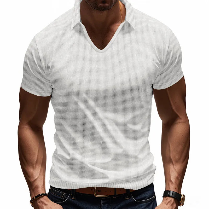 Men's casual V-neck short sleeve shirt in loose fit cotton blend fabric