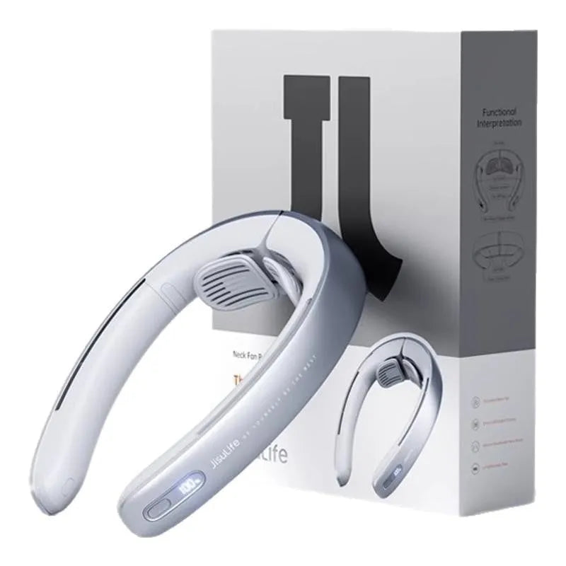 Silver grey portable neck fan with bladeless design showing dimensions and USB charging port