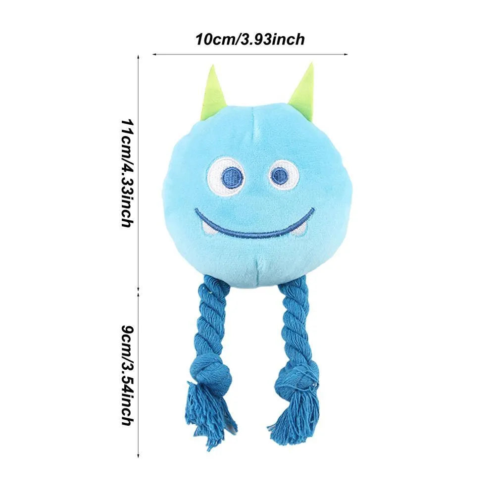 Blue and yellow cartoon animal dog squeaky toys with rope knot construction
