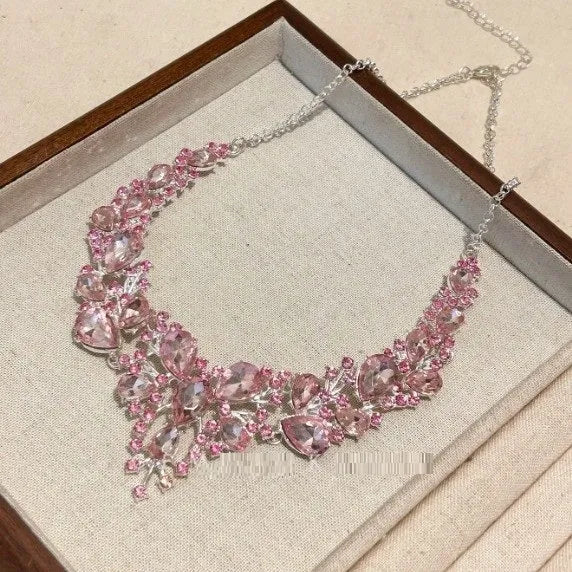 Light luxury alloy flower drop pendant necklace with pink rhinestone centre on ball bead chain, women's jewellery